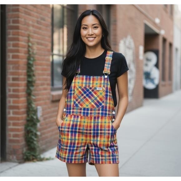 We Wore What Women's Basic Overall Short Rainbow Plaid Multi Large L NEW NWT - Picture 1 of 9
